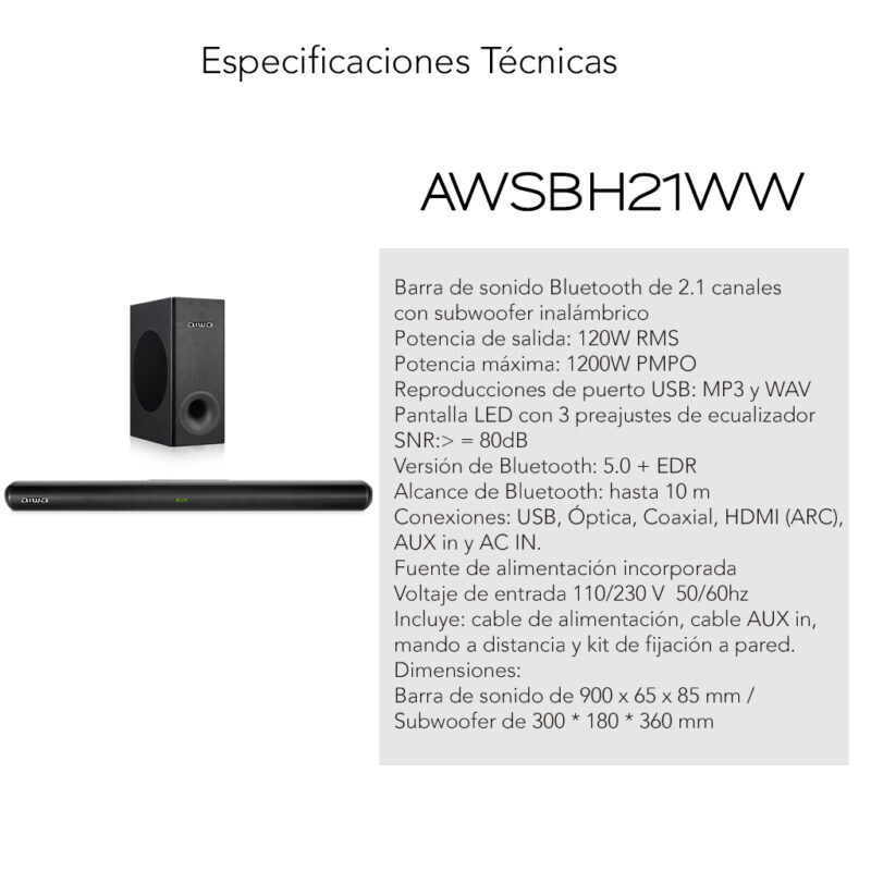 BARRA DE SONIDO AIWA,CON WOOFER, WIRELESS, 100W RMS 001