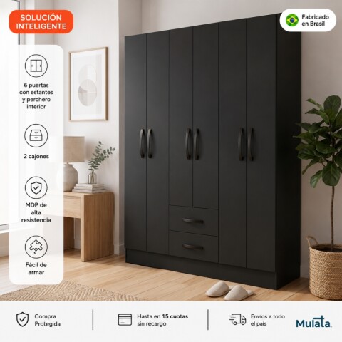Ropero Placard 6 Puertas 2 Cajones Moderno Ancho 134 cm - Negro Ropero Placard 6 Puertas 2 Cajones Moderno Ancho 134 cm - Negro