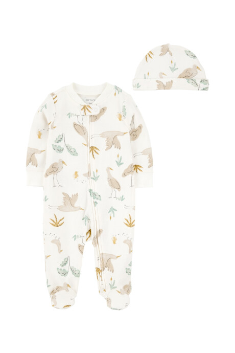 Pijama una pieza de algodón, con pie y gorro, diseño aves Pijama una pieza de algodón, con pie y gorro, diseño aves