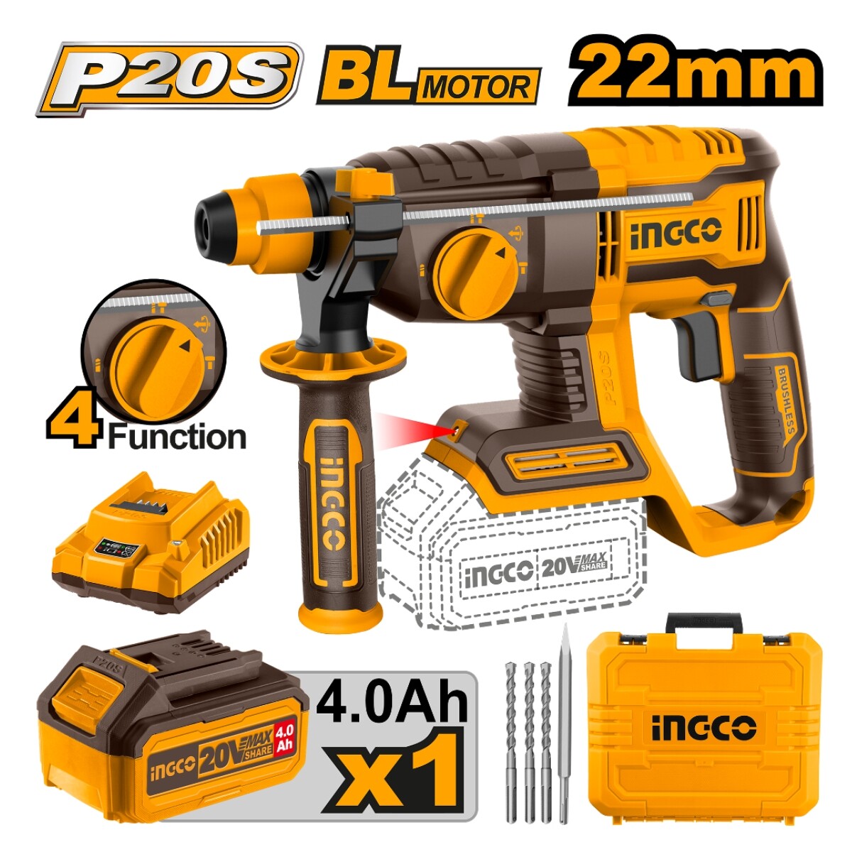 Rotomartillo Ingco CRHLI202081 20V P20S 20MM Bat Carg 