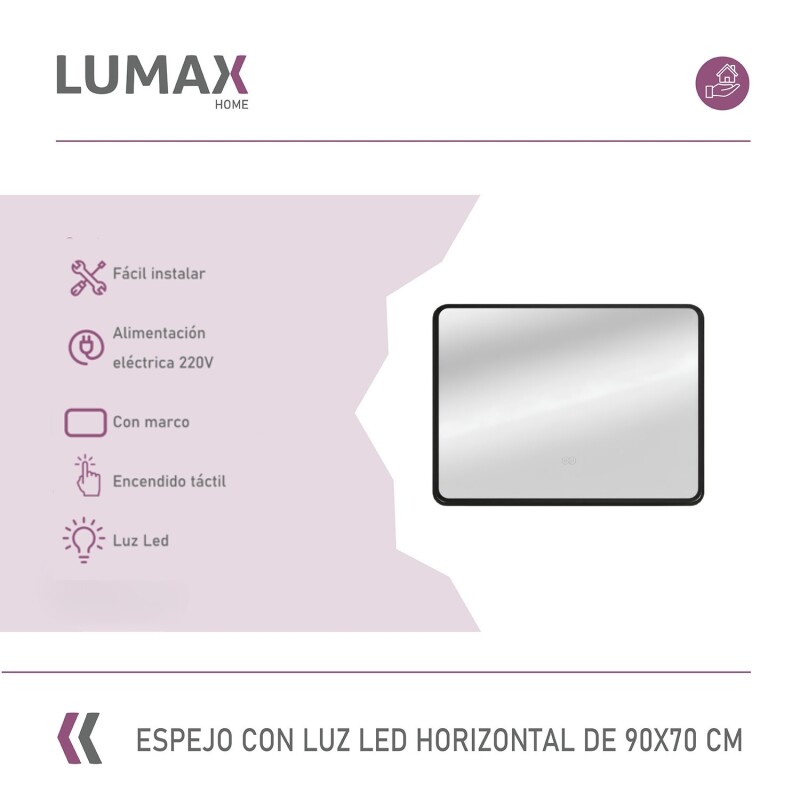 Espejo Horizontal Lumax Suleban c/marco y luz 90x70cm Negro