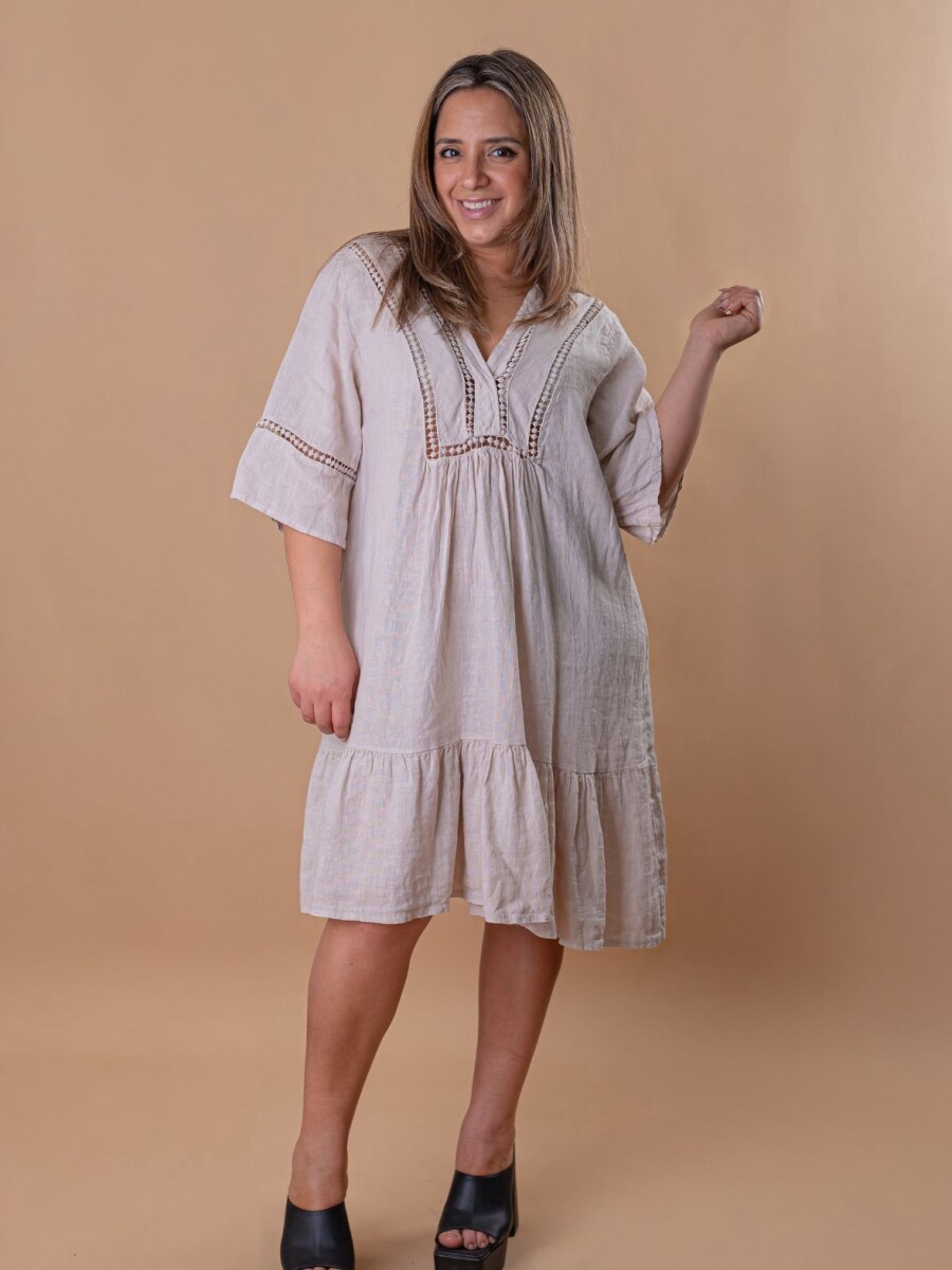 Vestido 100% lino con broderie Beige