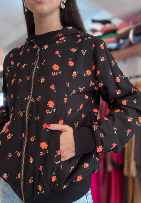 Campera capucha rayón Flores naranjas