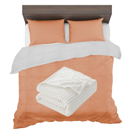 Set Invierno Acolchado Plumas 2 Plazas + Manta Frazada Polar Salmón/blanco