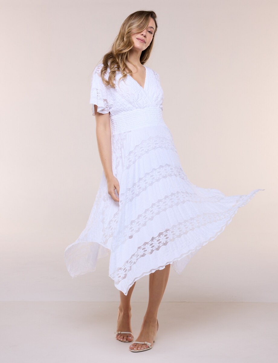 Vestido De Encaje Con Frunces - Blanco 