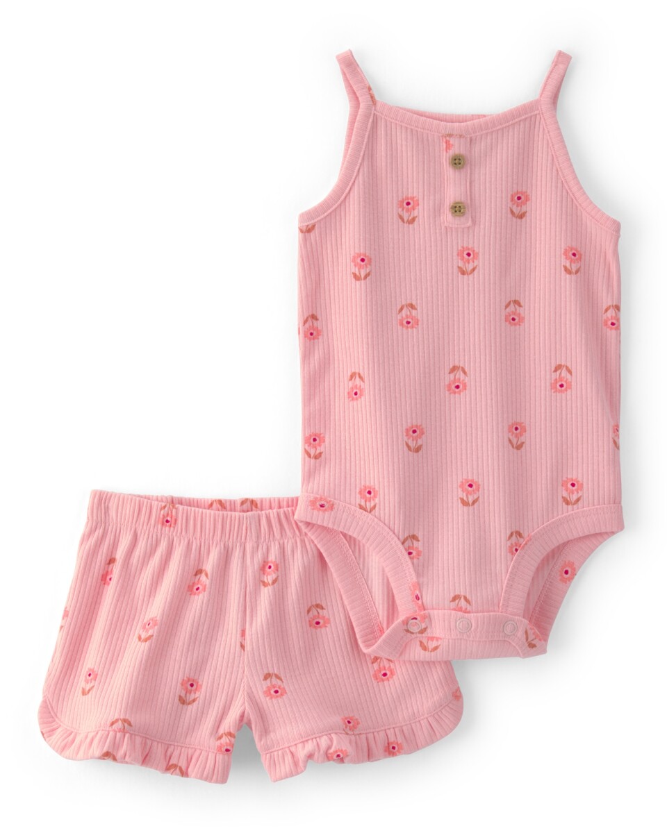 Set dos piezas de algodón acanalado, short y body, rosado, diseño floral 