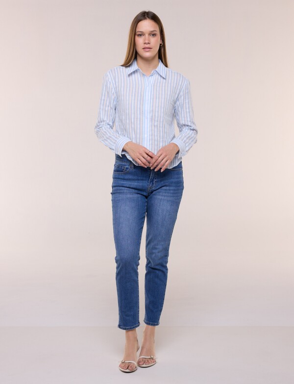 Camisa De Algodón A Rayas Con Detalle De Puntilla MULTI/CELESTE