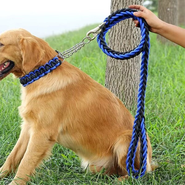 Correa Collar Reforzado Perros Semi Ahorque Cuerda Trenzada Variante Color Negro y Azul