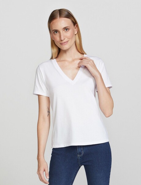CAMISETA BÁSICA MANGA CORTA CUELLO EN V BLANCO
