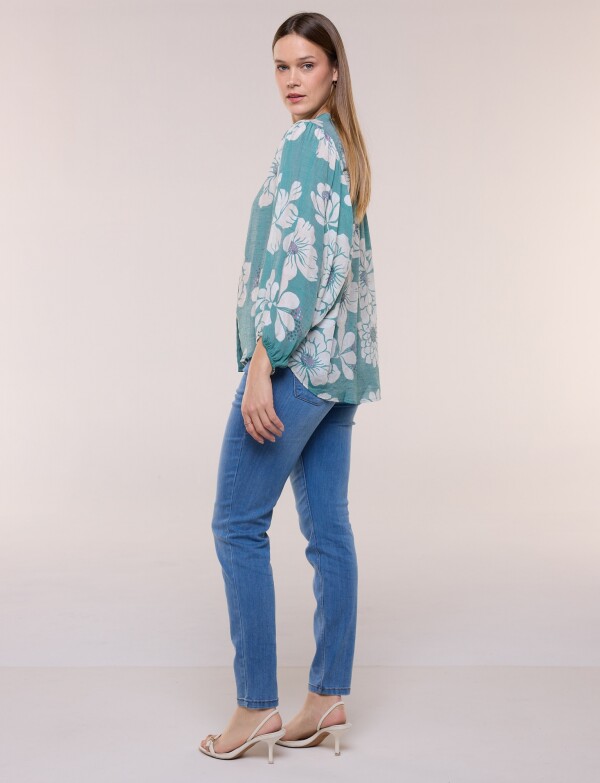 Blusa Crinkle Holgada Con Escote V VERDE/MULTI