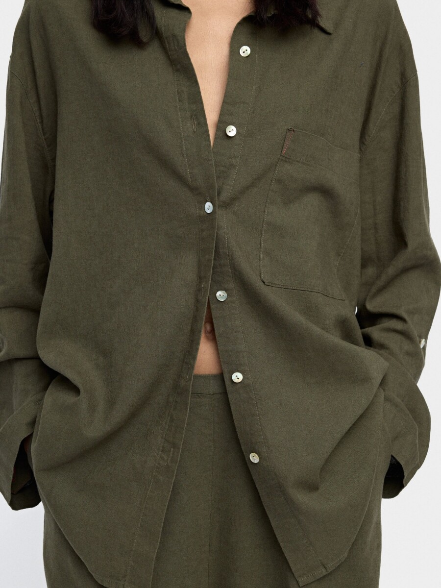 Camisa Mezcla De Lino Con Bolsillo caqui