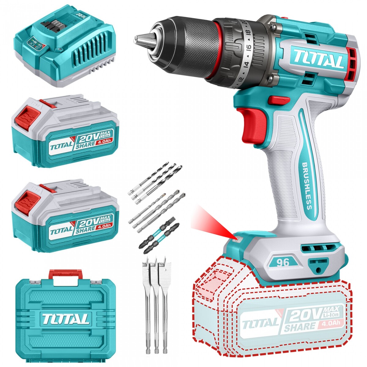 Taladro Percutor Y Atornillador 20v 96Nm - Doble Batería, Cargador Y Maletín - Sin Carbones 