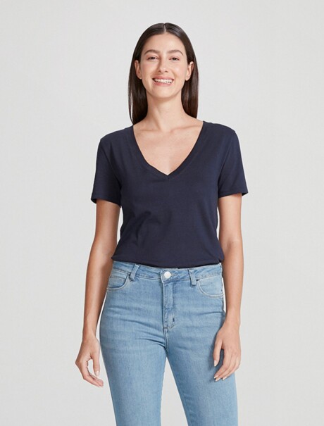 CAMISETA BÁSICA MANGA CORTA CUELLO EN V AZUL