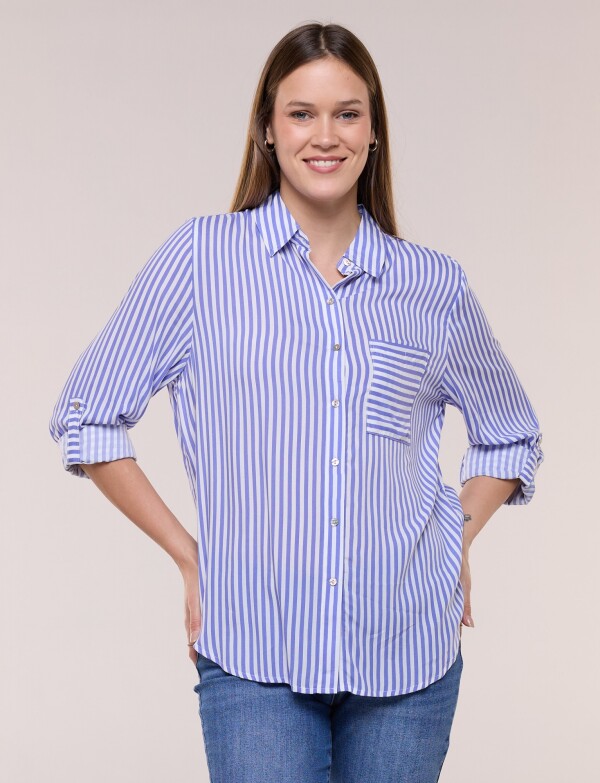 Camisa Clásica Rayada Con Mangas Arremangables AZUL