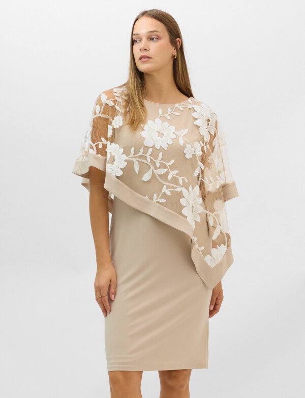 Vestido Midi Con Capa De Tul Bordado BEIGE