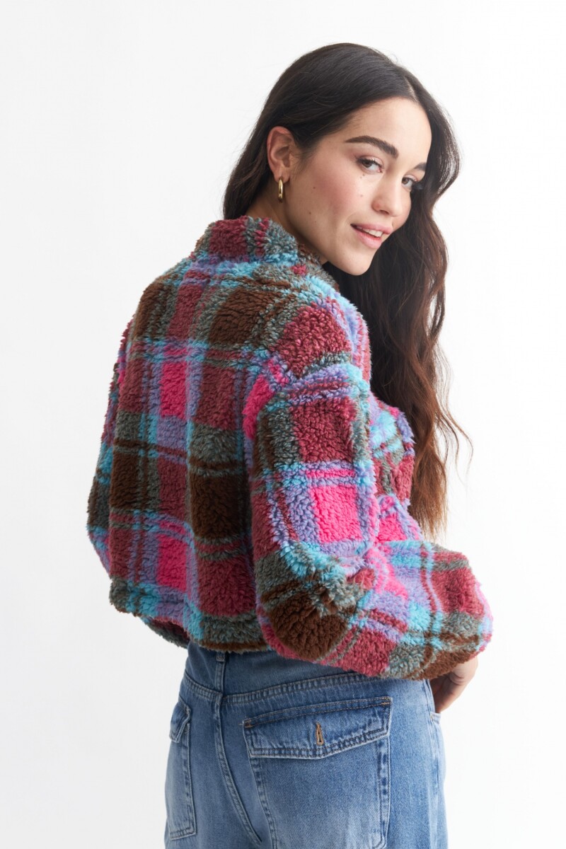Buzo crop en corderito estampado FUCSIA