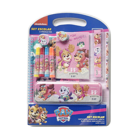 Set Escolar x 8 Paw Patrol: Cartuchera, sacapuntas, libretas, block, regla, marcadores, lápiz y goma ROSA