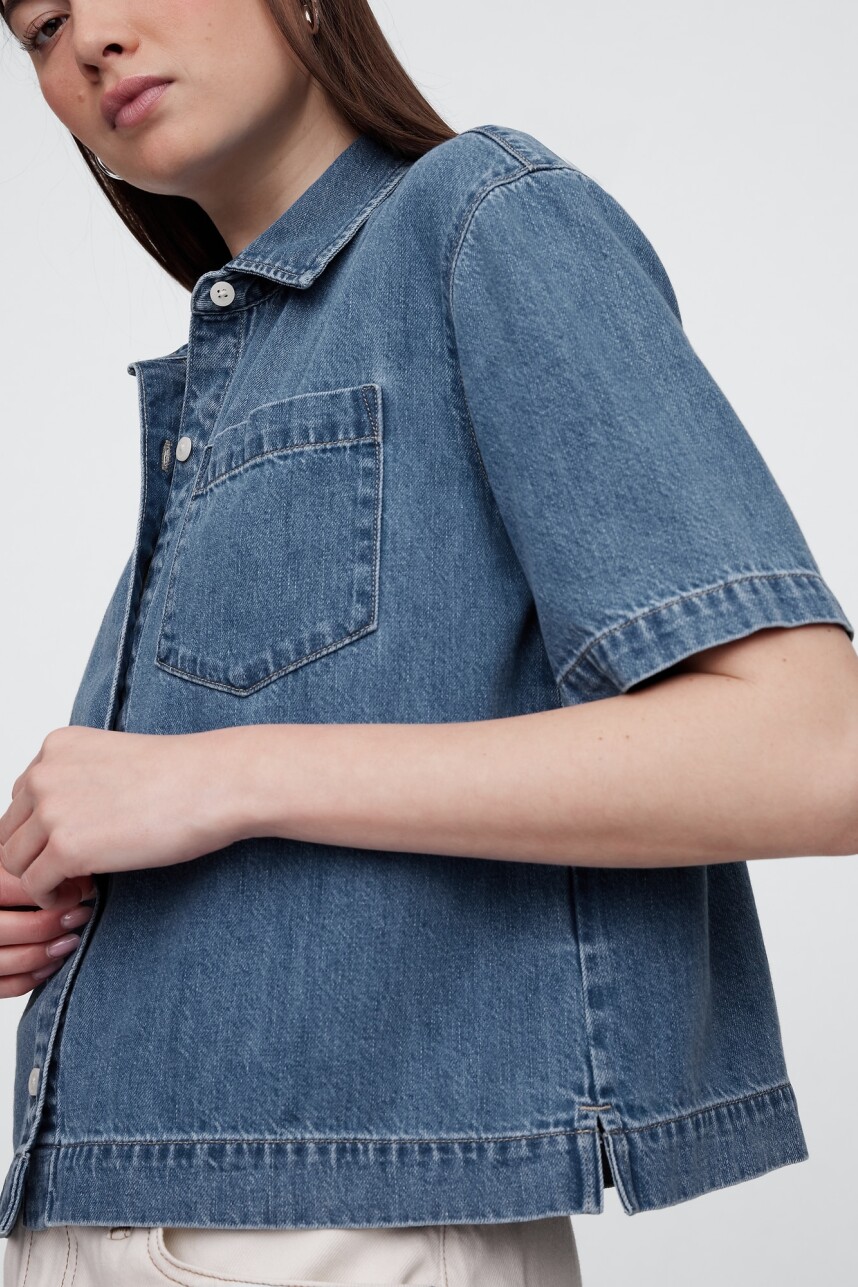 Camisa De Jean Manga Corta Mujer Medium Indigo 15