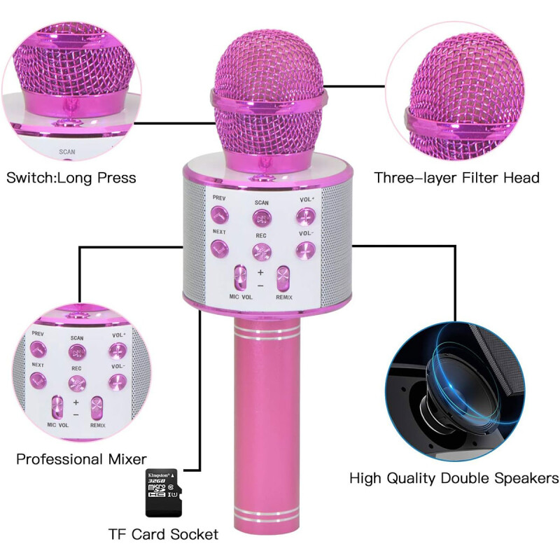 Micrófono WS-858 económico con parlante y luces infantil ROSA Micrófono WS-858 económico con parlante y luces infantil ROSA