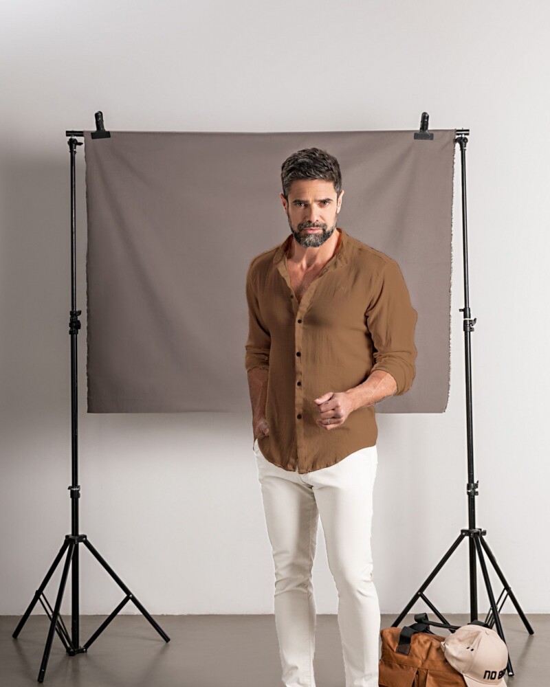 Camisa Cuello Mao Lino Camel