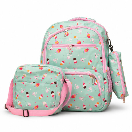 Set Mochila 3 Piezas Estampado Helados Escolar Resistente Verde Claro