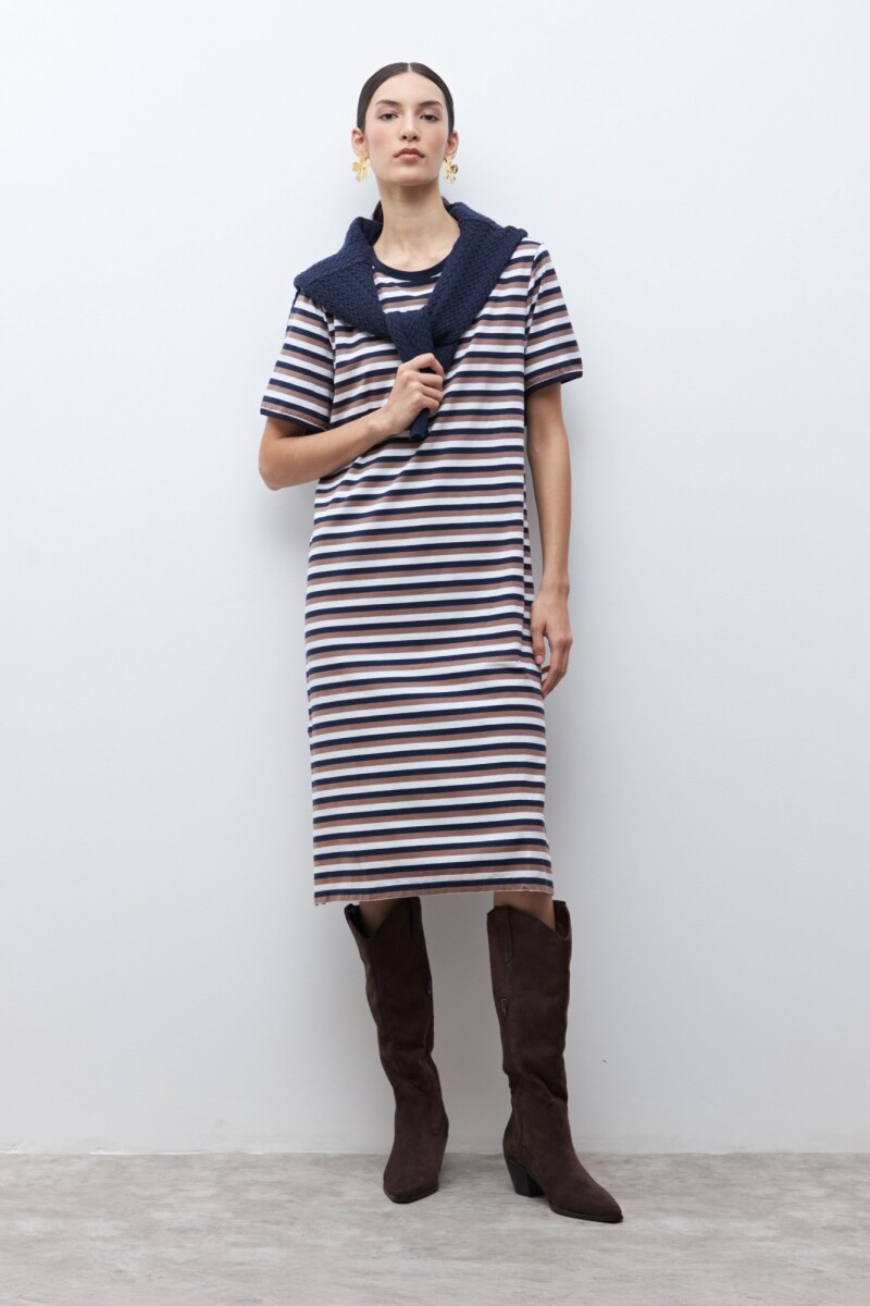 Vestido rayado manga corta azul marino