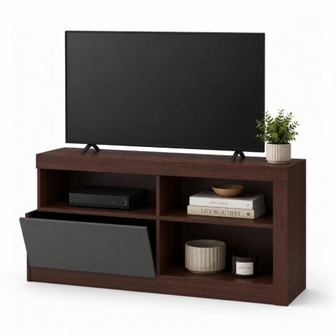 Rack para TV 55” Wood Marrón con Puerta Abatible y Nichos - Duna Satinado Lacca Fume Rack para TV 55” Wood Marrón con Puerta Abatible y Nichos - Duna Satinado Lacca Fume