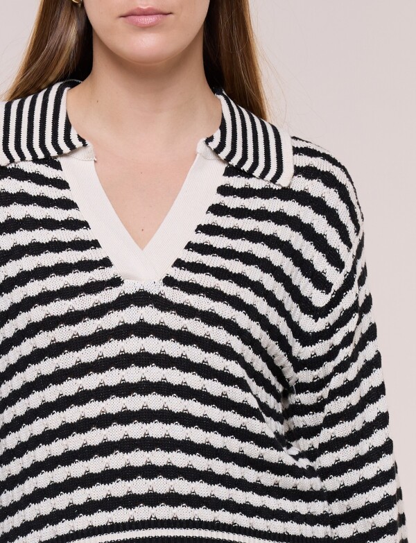 Blusa Tejida A Rayas Con Cuello Polo NEGRO/BEIGE