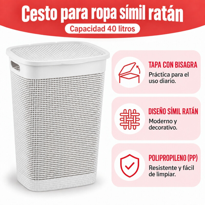 Canasto Organizador Para Ropa Simil Ratán 40 Lts BLANCO
