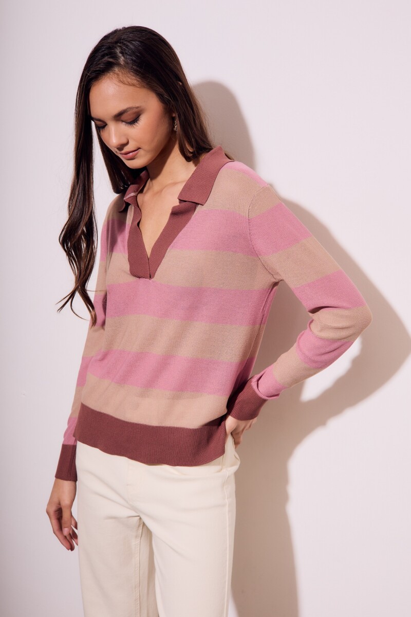 Sweater Polo Rayado Rosa