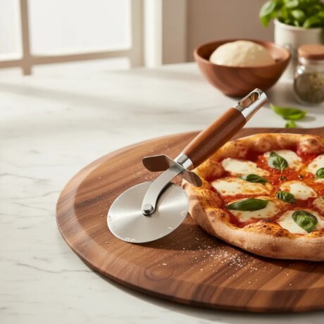 Cortador de Pizza de Acero Inoxidable con Mango de Madera Cortador de Pizza de Acero Inoxidable con Mango de Madera