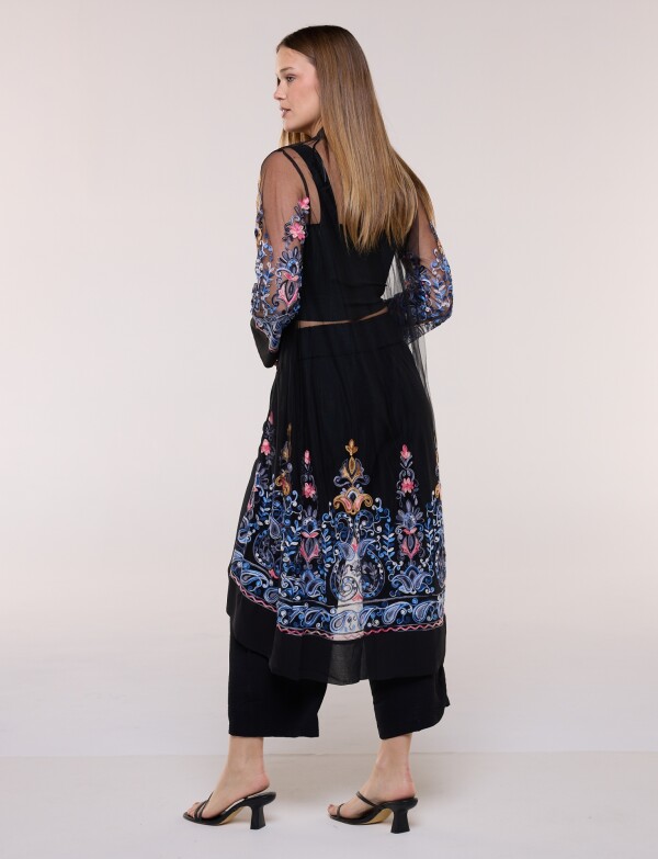 Cardigan Kimono Largo De Tul Bordado NEGRO/MULTI