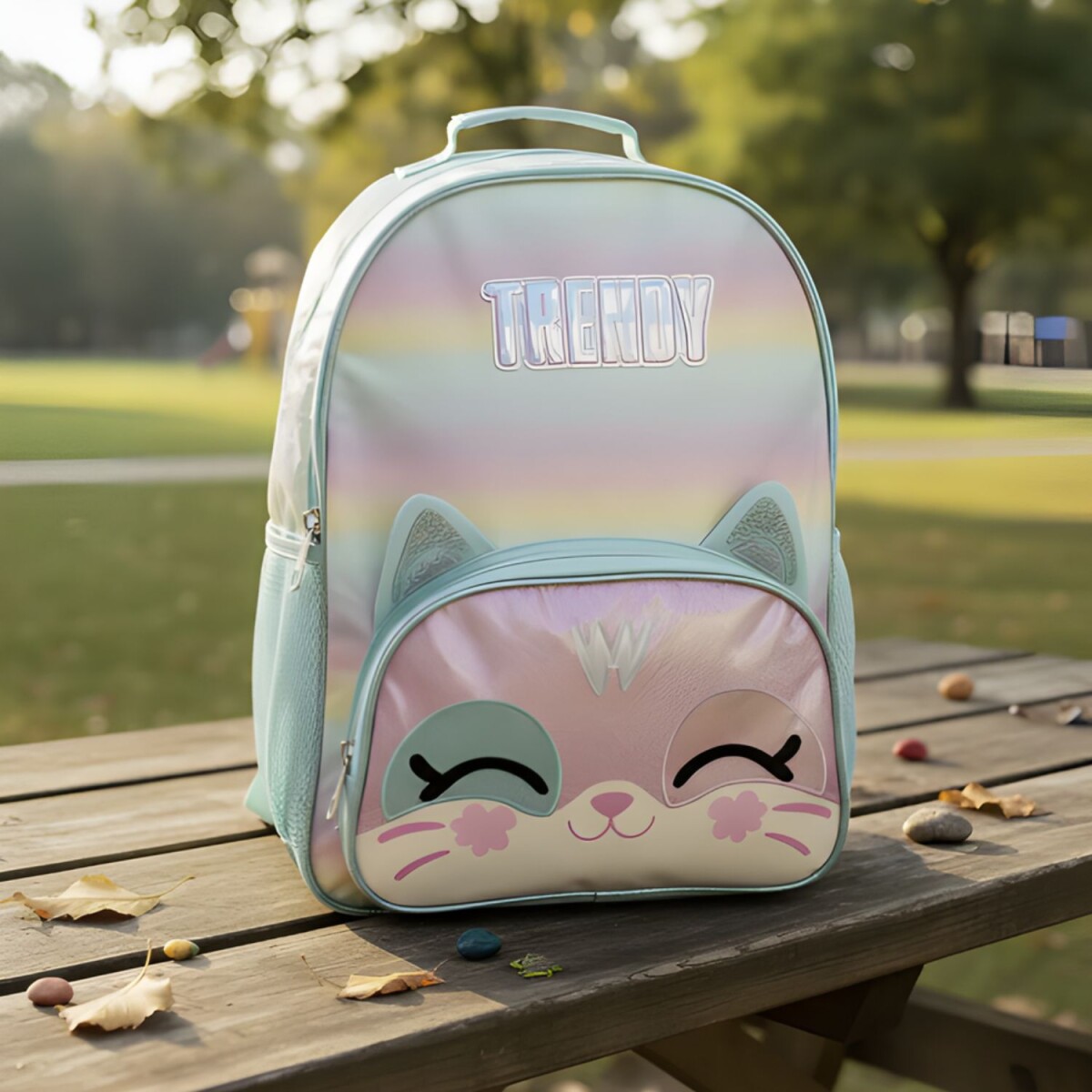 Mochila Escolar Trendy diseño Gatito - Verde Agua 