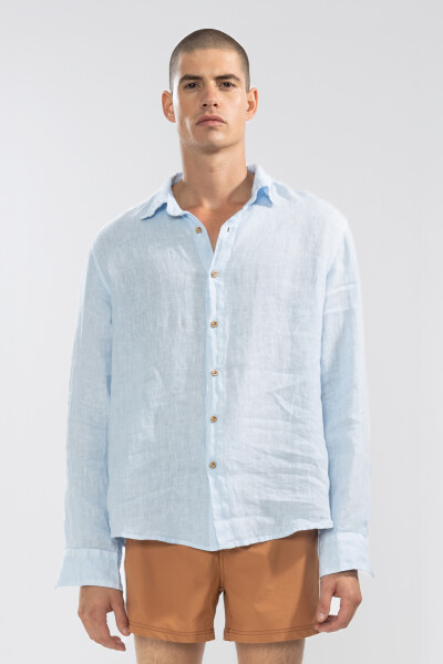 100% LINEN LONG SLEEVE SHIRT Celeste