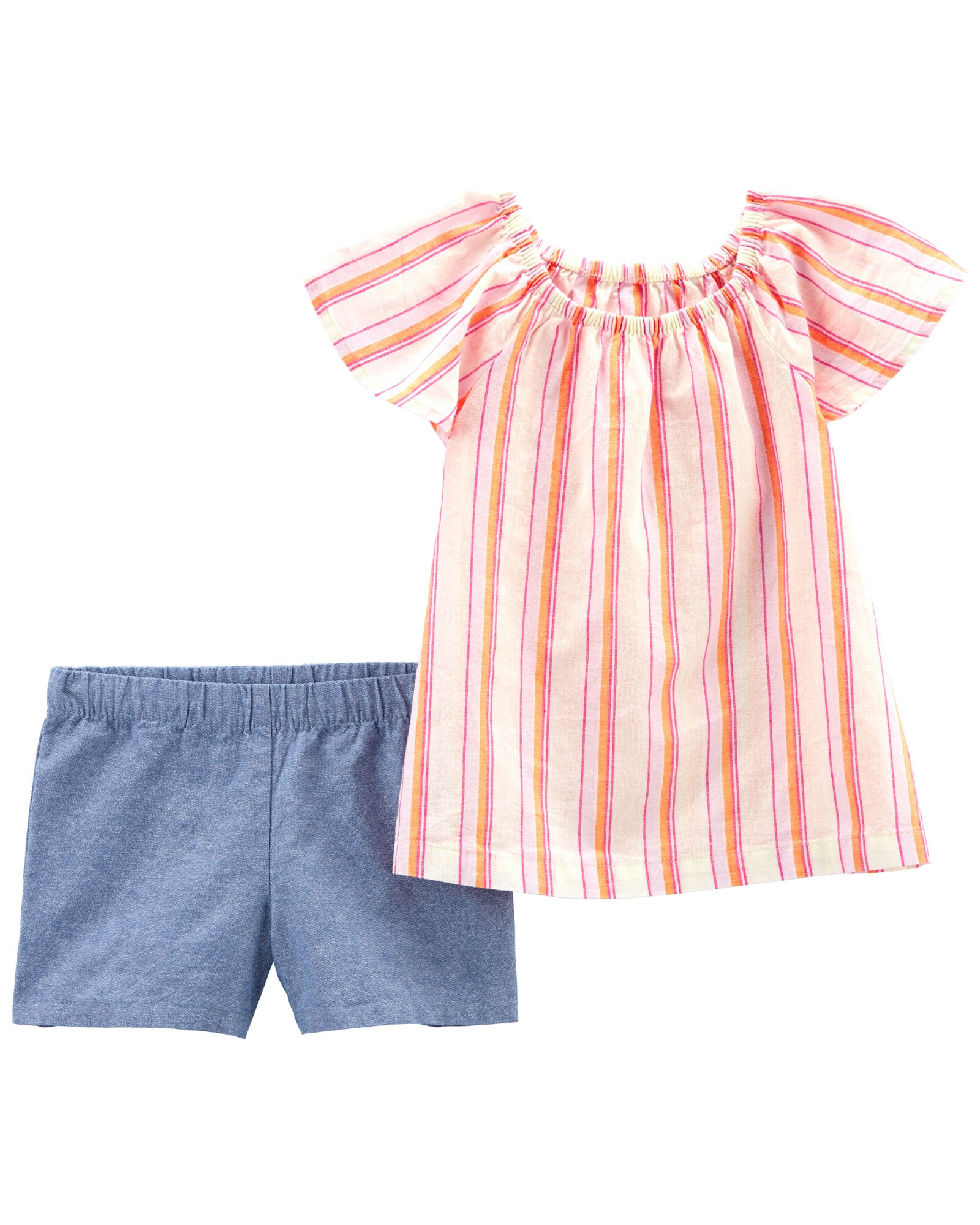 Set dos piezas, short de chambray y blusa de lino, diseño a rayas. Talles 6-24M Set dos piezas, short de chambray y blusa de lino, diseño a rayas. Talles 6-24M