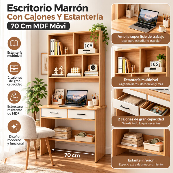 Escritorio Con Cajones Y Estantería 70 Cm Mdf Mövi Esh0008m ESCRITORIO MOVI MARRON ESH0008M