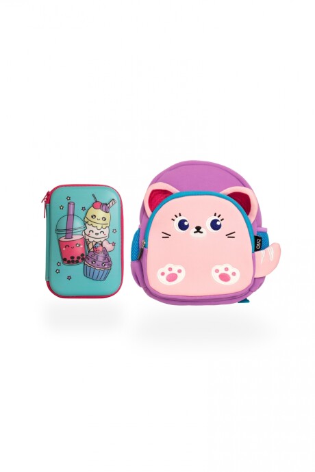 Set de mochila infantil de neopreno y cartuchera con divisiones brio set-helados-gatito