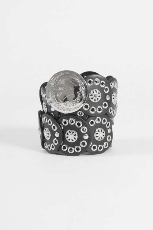 Cinturon diseño circular hebilla medalla negro