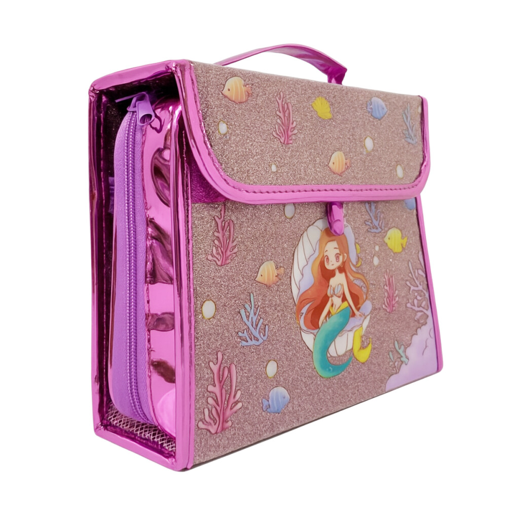 Cartuchera Escolar Triple Brillosa Con Accesorios Colores Rosa