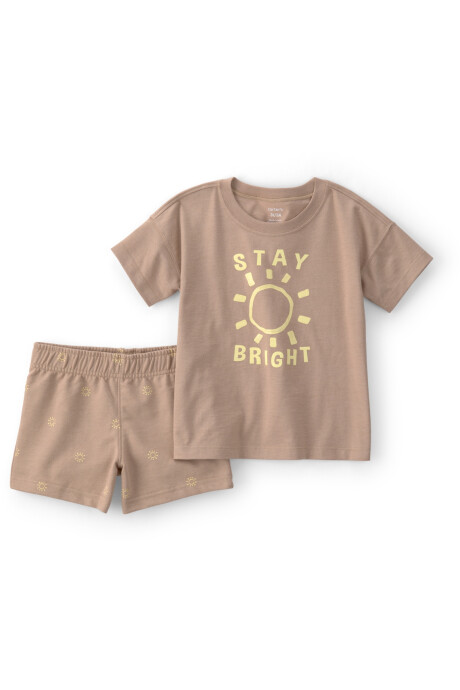 Set dos piezas de algodón, short y remera, marrón, diseño sol Set dos piezas de algodón, short y remera, marrón, diseño sol