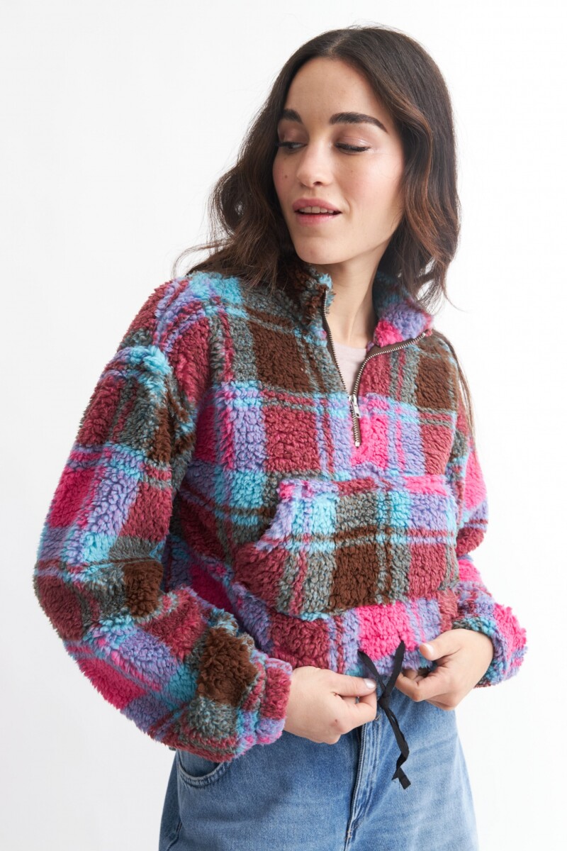 Buzo crop en corderito estampado FUCSIA