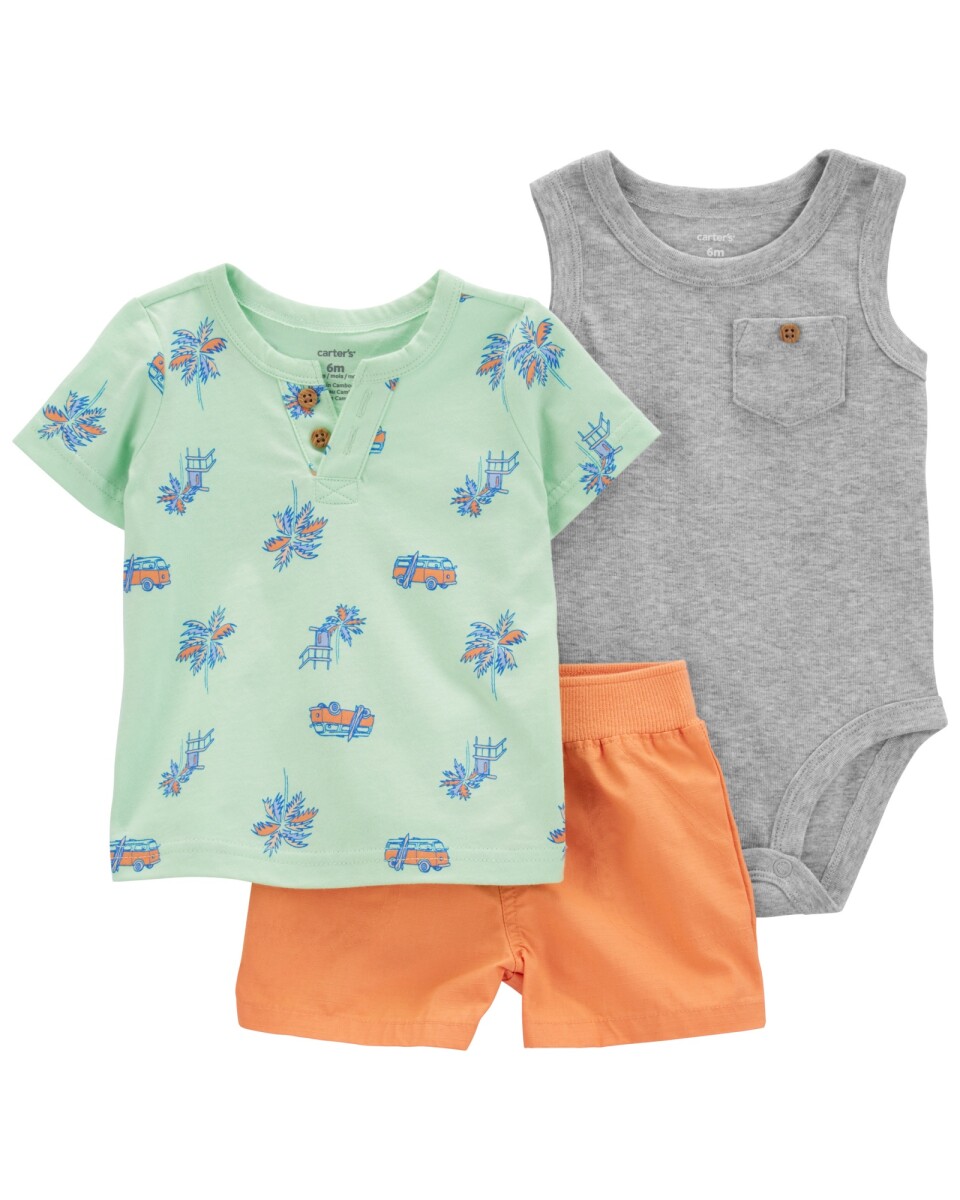 Set tres piezas de algodón, short, remera henley diseño palmeras y body 