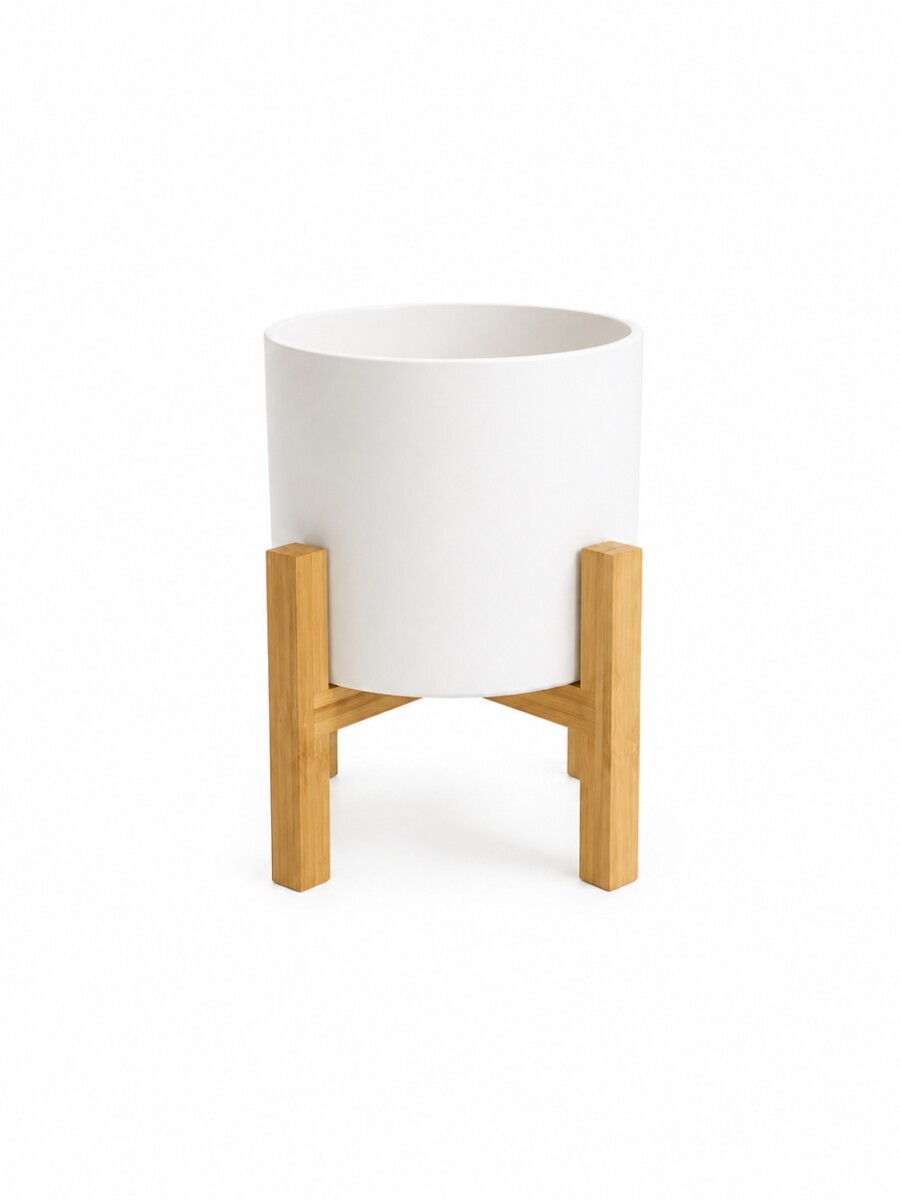 MACETA CERÁMICA M CON SOPORTE DE MADERA BLANCA