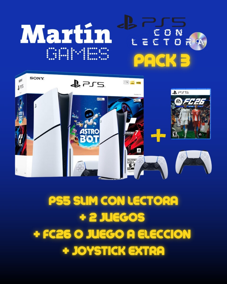 CONSOLA Playstation 5 PS5 SLIM CON LECTORA + ASTROBOT + GT7 + FC 26 O JUEGO A ELECCIÓN + JOYSTICK ORIGINAL EXTRA 