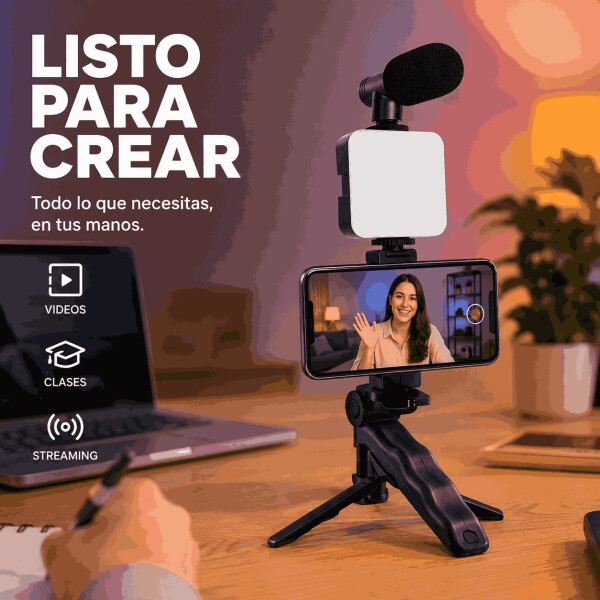 Kit de Grabación para Celular con Trípode Luz LED y Micrófono Negro