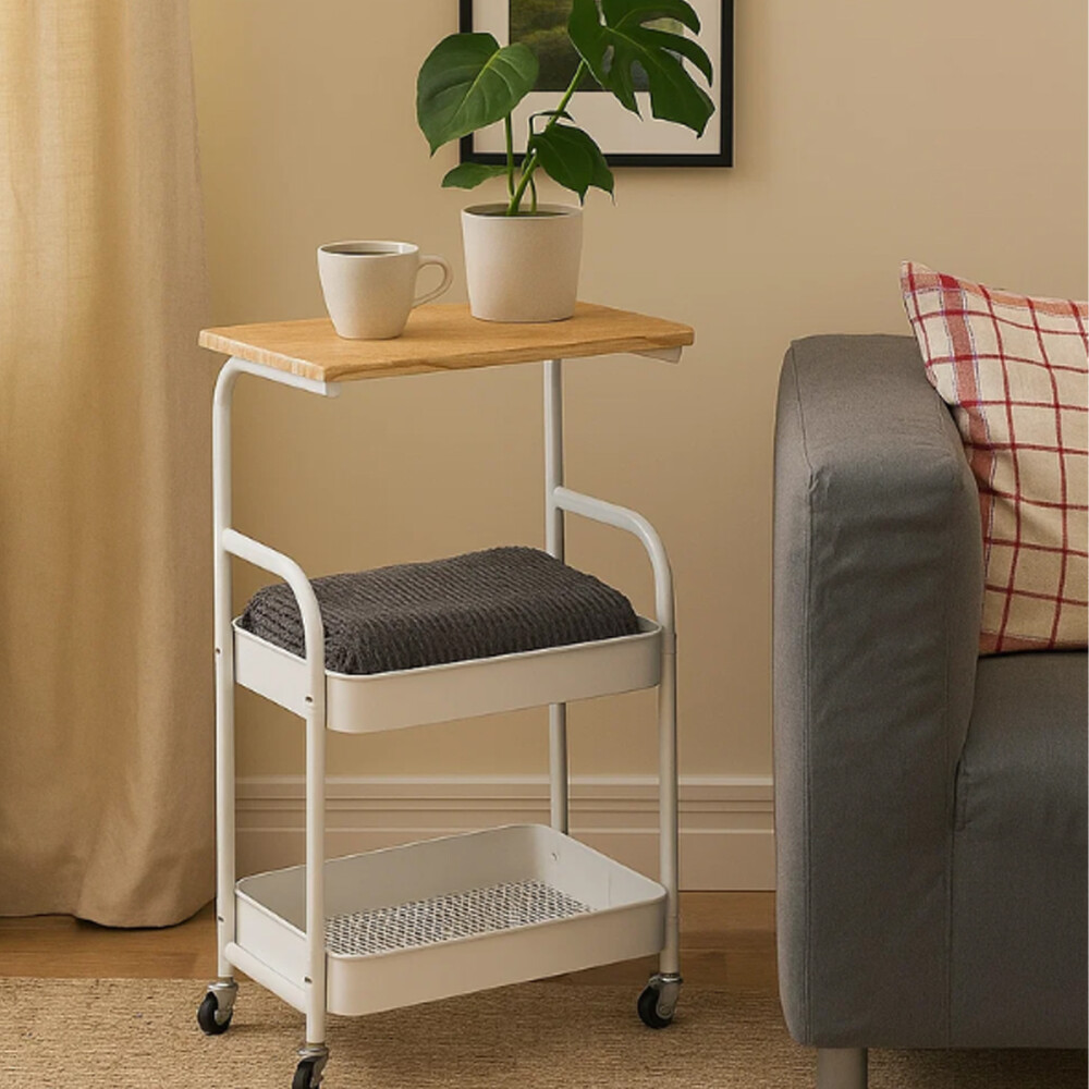 Mesa auxiliar madera y metal con rueditas Blanco