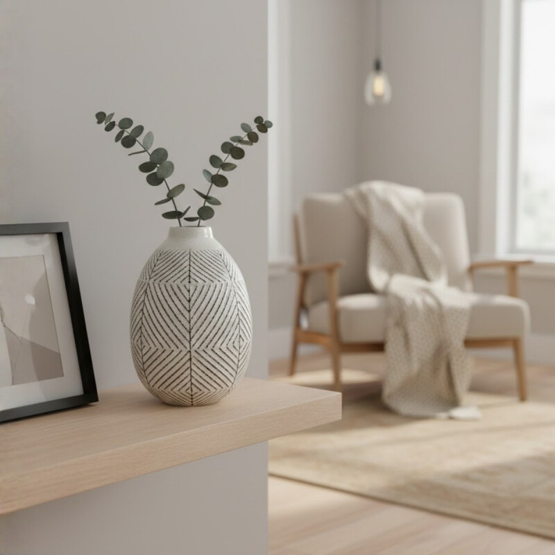 Florero cerámica ánfora textura geométrica BLANCO