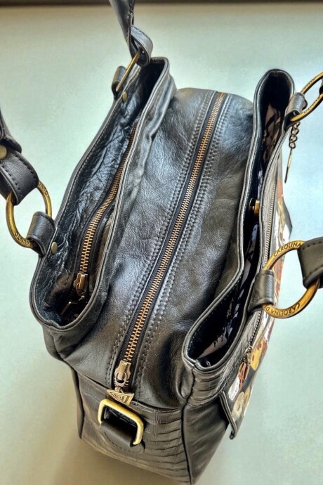 Cartera De Cuero Modelo VITALIA Con Arte Pintado A Mano Color Negro