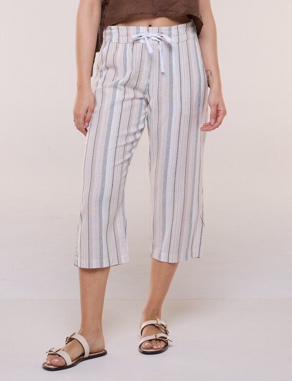 Capri De Lino A Rayas Con Cintura Ajustable BEIGE/MULTI
