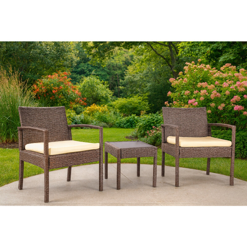 Juego de Sofá 3 Piezas en Acero y Ratán Sintético | Color Marrón Juego de Sofá 3 Piezas en Acero y Ratán Sintético | Color Marrón